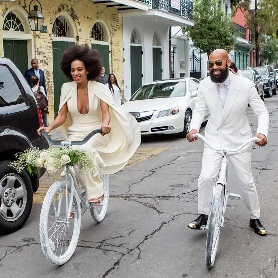 Solange Knowles Alan Ferguson White Vintage Bicycle Wedding Solange Knowles and Alan Ferguson white vintage bicycle wedding arrival