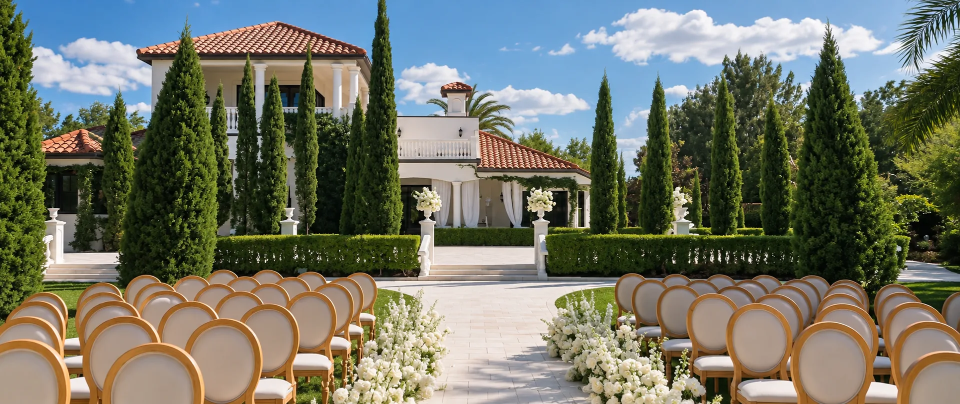La Casa Toscana wedding venue in Fort Myers, Florida — outdoor ceremony lawn with gold chairs, white florals, cypress trees, and a Mediterranean estate with red tile roof