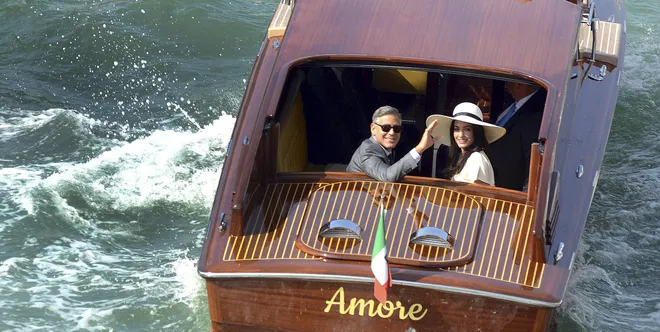 George Amal Clooney Vintage Venetian Boat Amore Wedding George and Amal Clooney vintage Venetian boat Amore wedding transportation