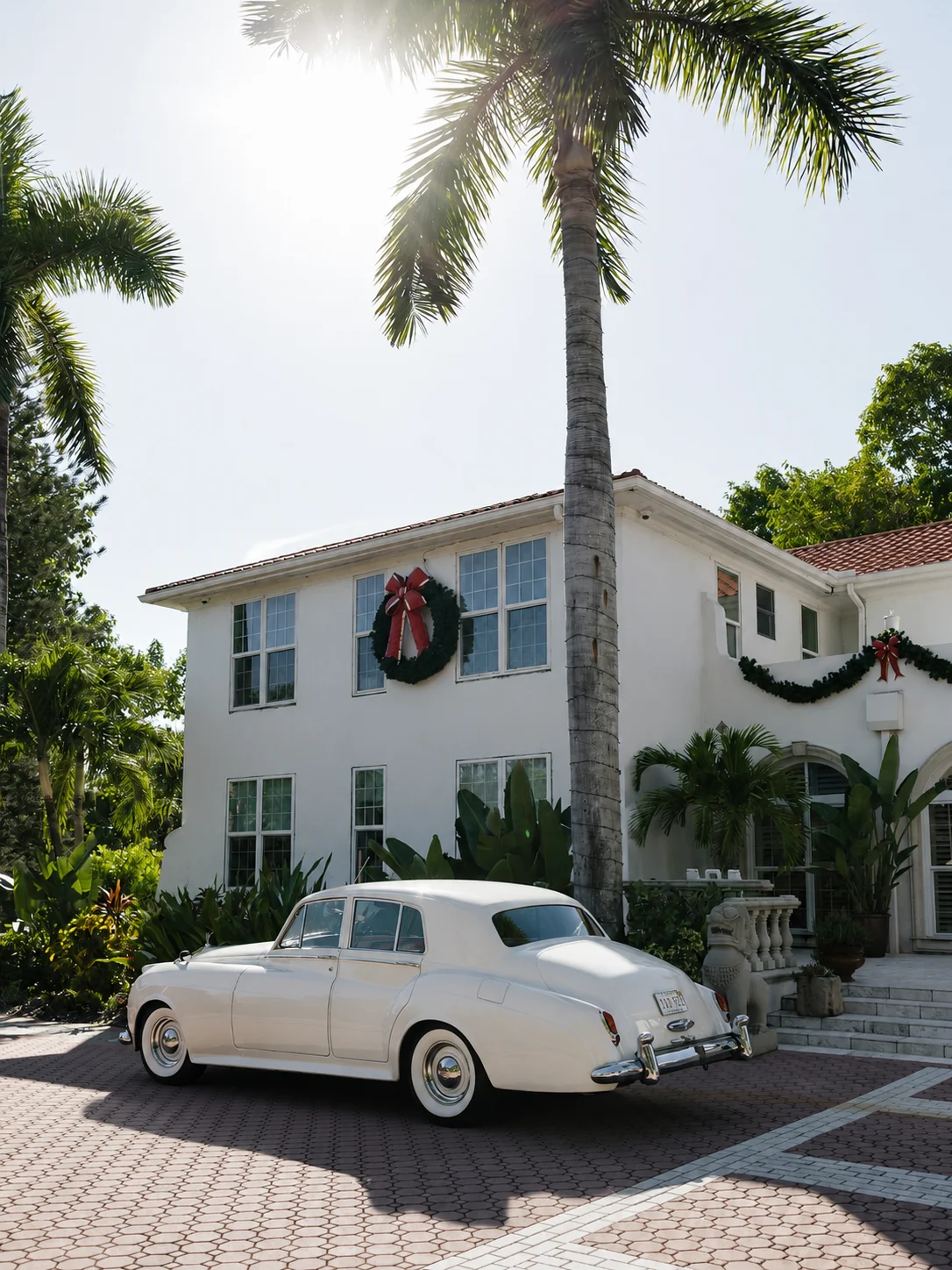 Shangri-La Springs wedding venue — cream-white 1960 Rolls-Royce Silver Cloud II beneath royal palms at the holiday-decorated estate in Bonita Springs, Florida