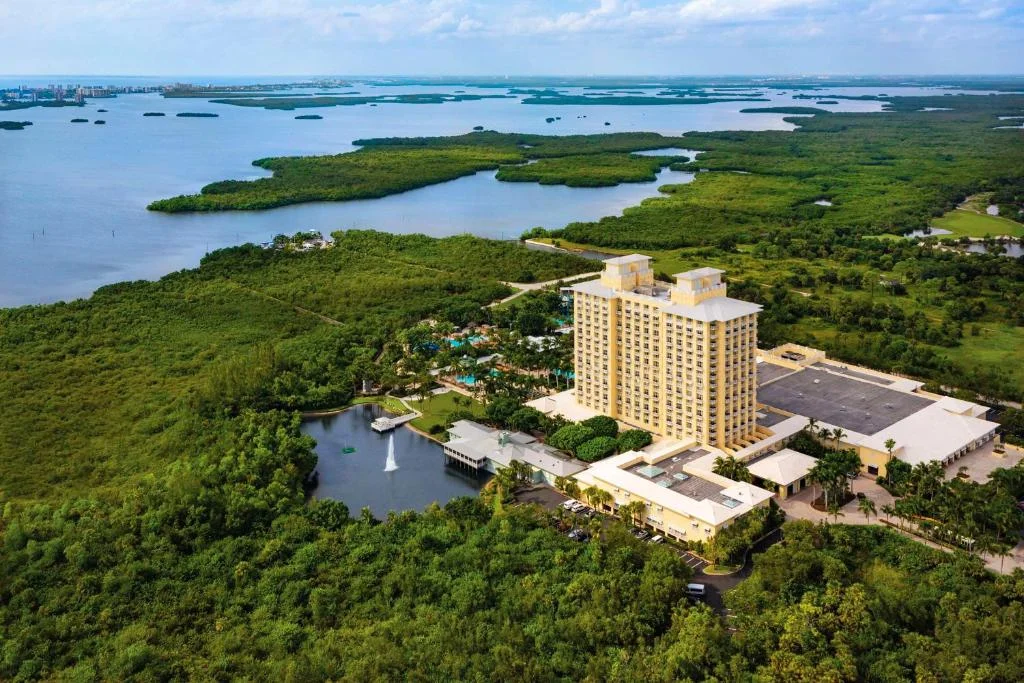 Hyatt Regency Coconut Point Resort and Spa wedding venue — aerial view of the luxury resort overlooking Estero Bay and mangrove islands in Bonita Springs, Florida
