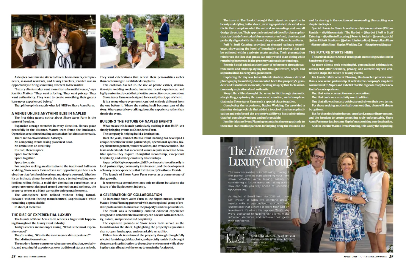 Naples Lifestyle Magazine August 2026 Shore Acres Farm Vendor Feature Naples Lifestyle Magazine August 2026 spread featuring Shore Acres Farm and the creative vendor team including Naples Wedding Car