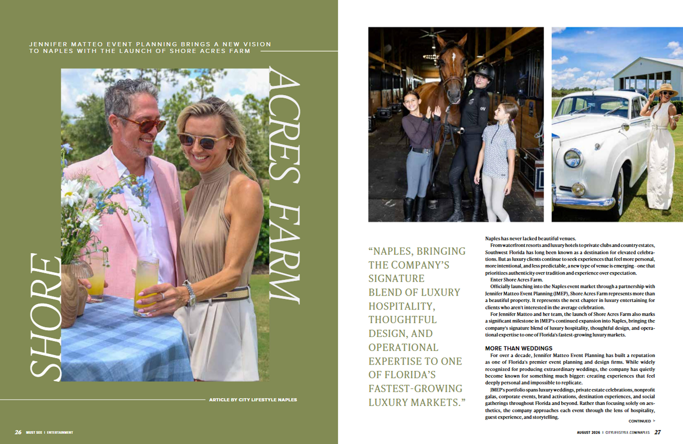 Naples Lifestyle Magazine August 2026 Shore Acres Farm Feature Naples Lifestyle Magazine August 2026 feature on Shore Acres Farm with the Naples Wedding Car Rolls Royce Silver Cloud II