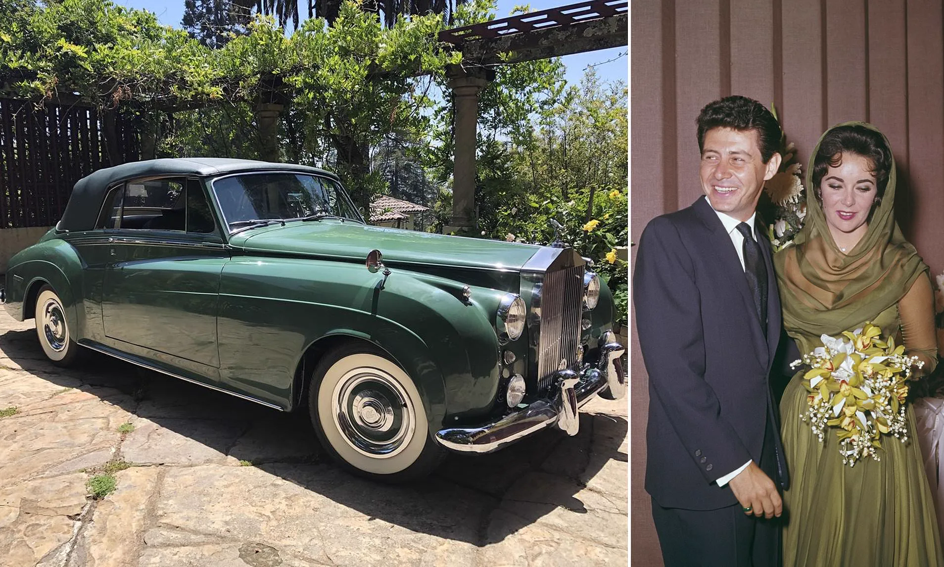 Green Rolls-Royce Silver Cloud beside Elizabeth Taylor in her Green Goddess wedding gown with Eddie Fisher