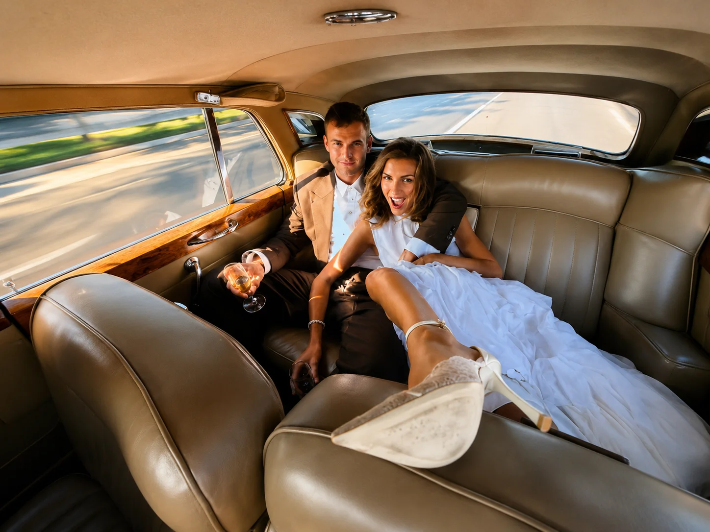 Paige Lorenze Tommy Paul Rolls Royce Wedding Getaway Paige Lorenze in her wedding gown relaxing in the back seat of a vintage Rolls Royce with Tommy Paul