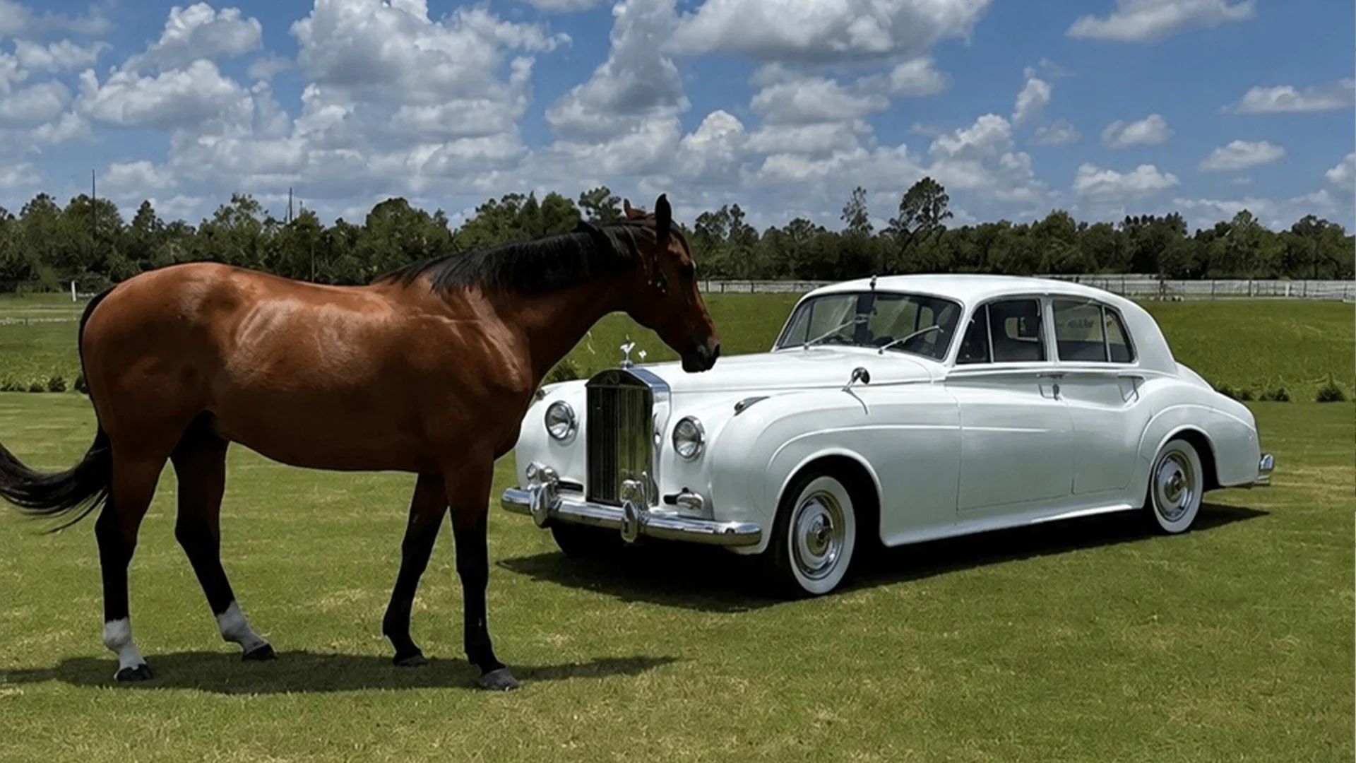 Vintage white Rolls Royce Silver Cloud with horse in Southwest Florida pasture for luxury wedding transportation