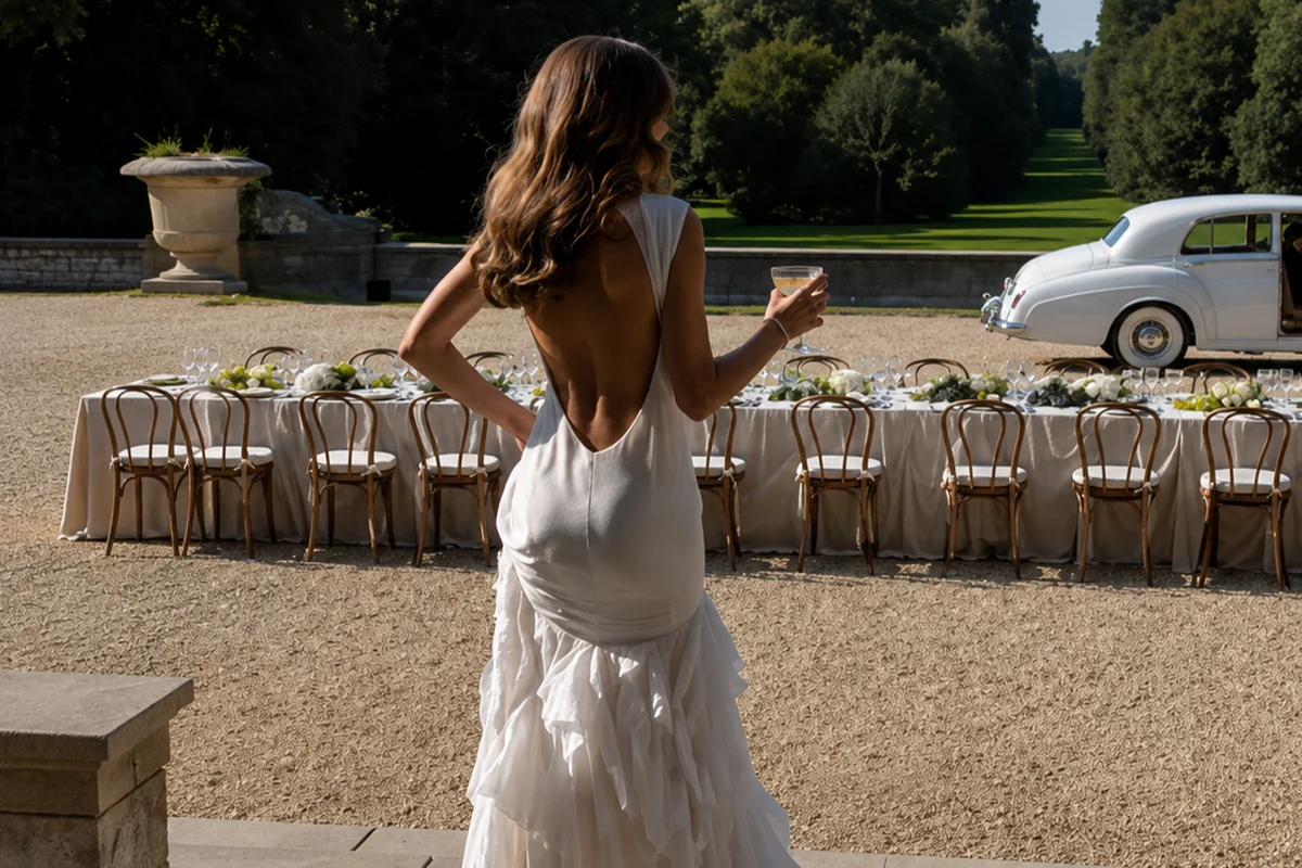 Paige Lorenze Vintage Rolls Royce Rehearsal Dinner Paige Lorenze walks toward a vintage Rolls Royce parked beside her rehearsal dinner table on Long Island