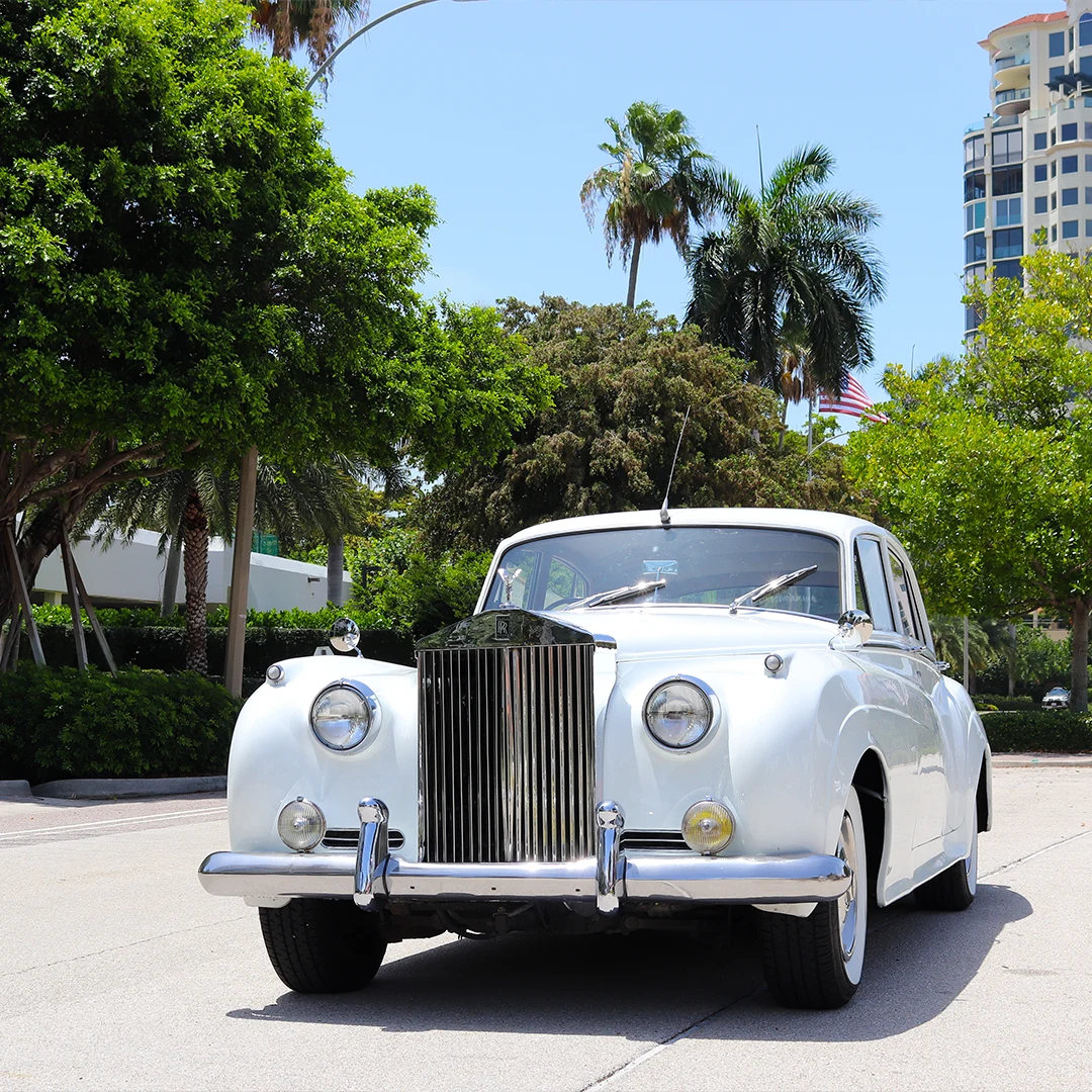 Restored Rolls Royce Silver Cloud II Naples Wedding Car Restored vintage cream white 1960 Rolls Royce Silver Cloud II with whitewall tires framed by palm trees in Naples Florida