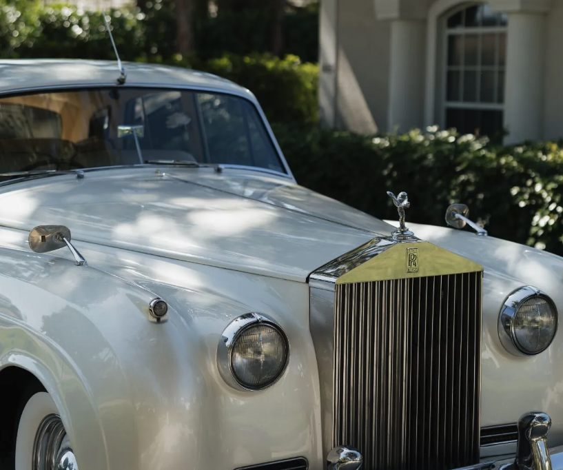 1960 Rolls-Royce Silver Cloud II grille and Spirit of Ecstasy hood ornament detail Naples wedding rental